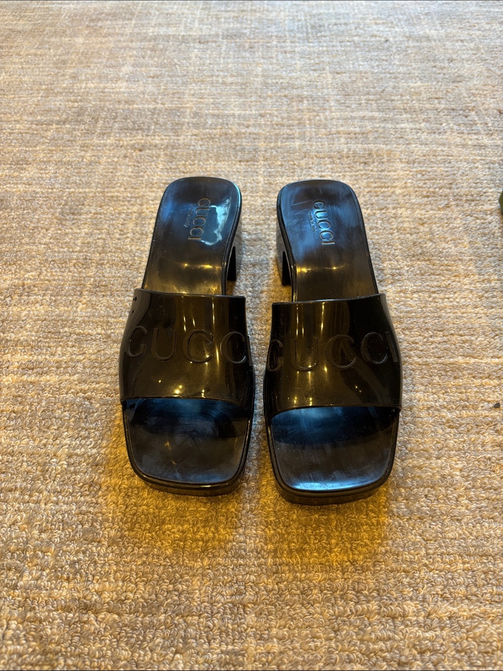 Gucci Black Patent Logo Band Slide Mules